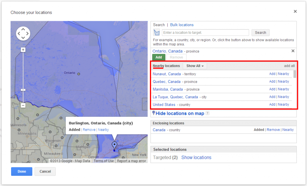Showing Nearby Areas Google Adwords