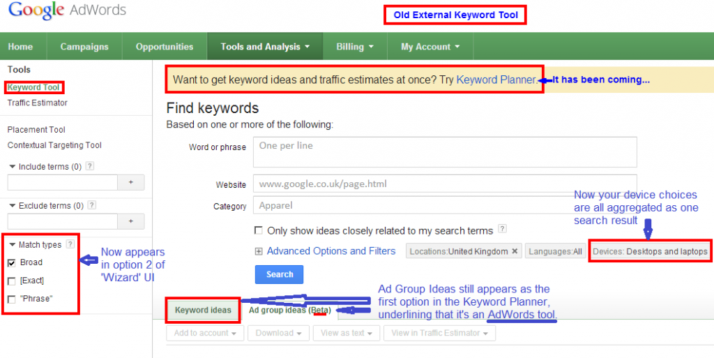 Old Google AdWords Keyword Tool