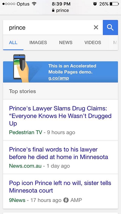 accelerated mobile pages demo on google search with top stories