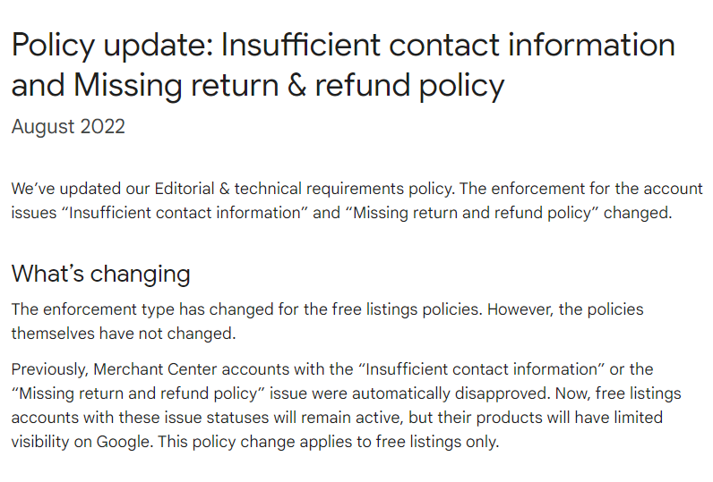 Updated Google Merchant Center Policy