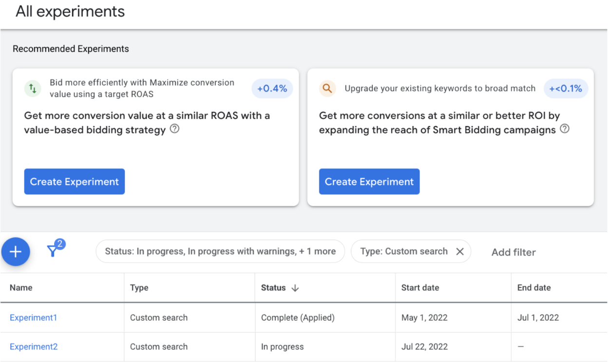 New Google Ads Feature on Experiments Page